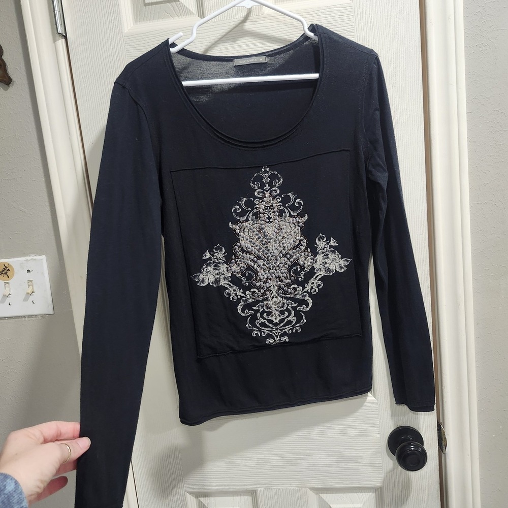 Nally & Millie Y2K Rhinestone Embellished Graphic Long Sleeve Top Black Medium